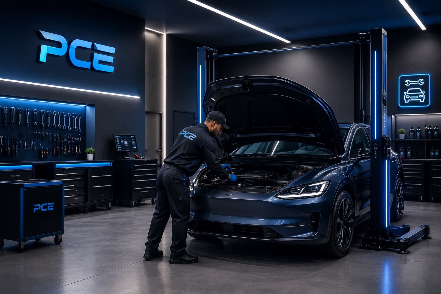PCE EV Service & Maintenance — professional technician servicing an electric vehicle